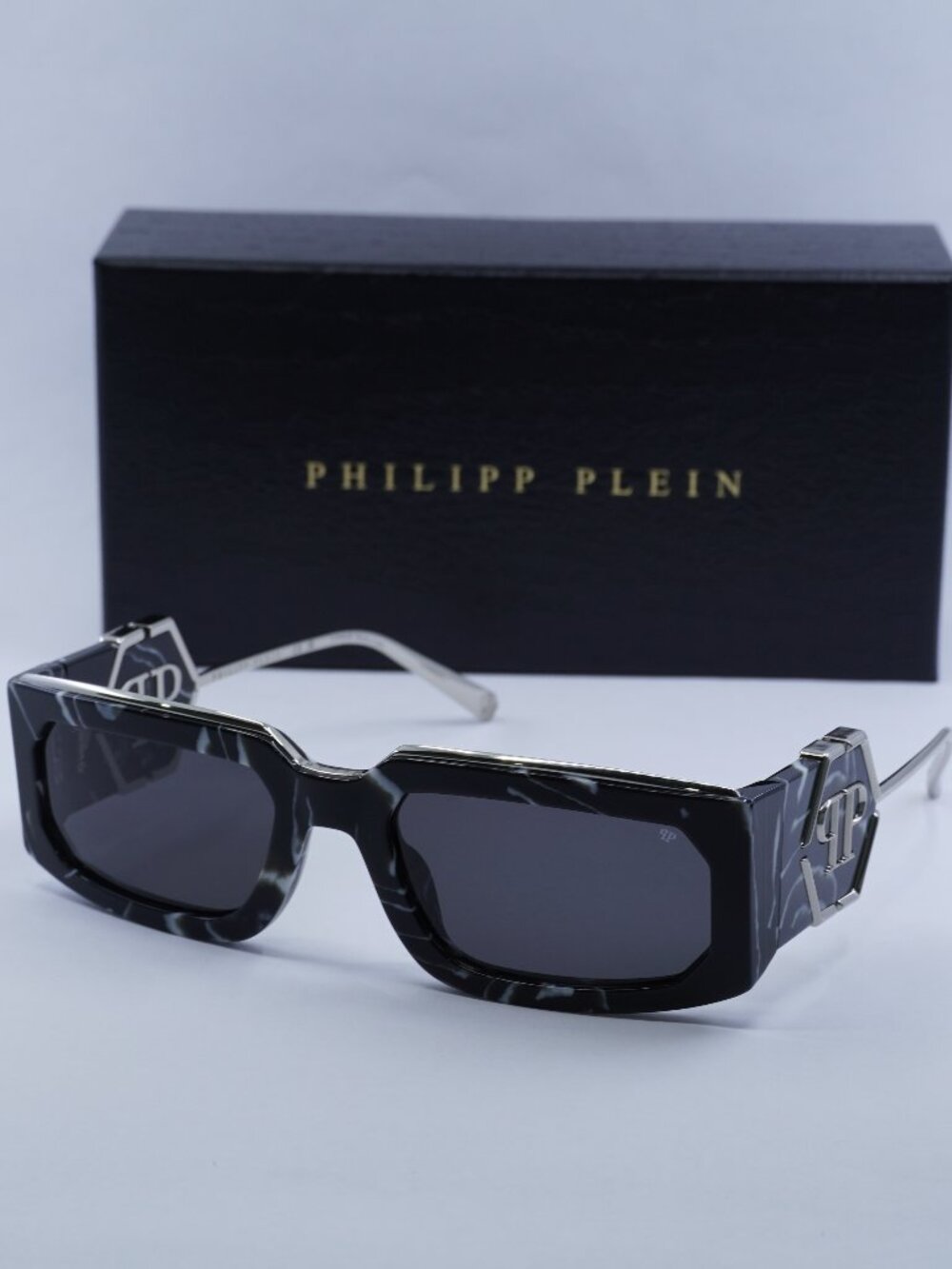 Philipp Plein SPP119M Rose Venus 0Z21 Rectangle Sunglasses - Shiny Black Marble
